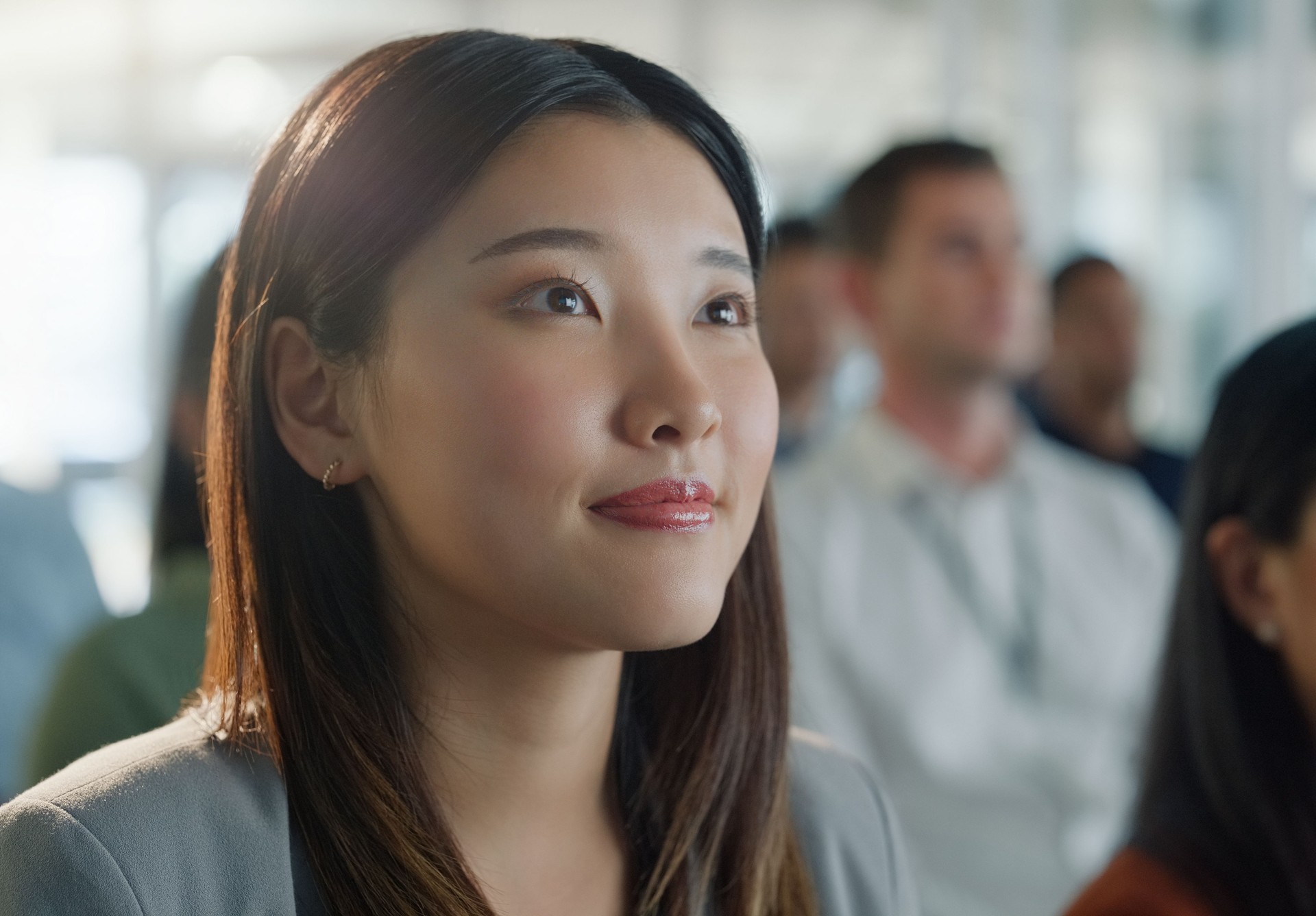 Woman, audience and presentation crowd for business seminar for corporate career workshop, training or meeting. Asian person, professional and group at trade show for startup speaker, talk or company